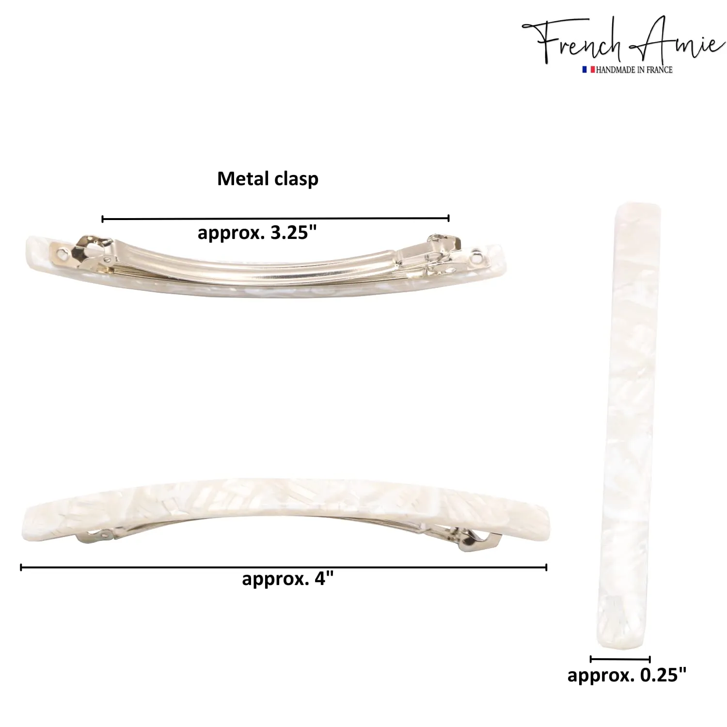 French Amie Long and Thin Frost White Large 4” Handmade Celluloid Automatic Hair Clip Barrette for Women and Girls (Frost White)