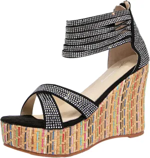 getmorebeauty Women's Wedge Sandals With Pearls Across The Top Platform Sandals High Heels