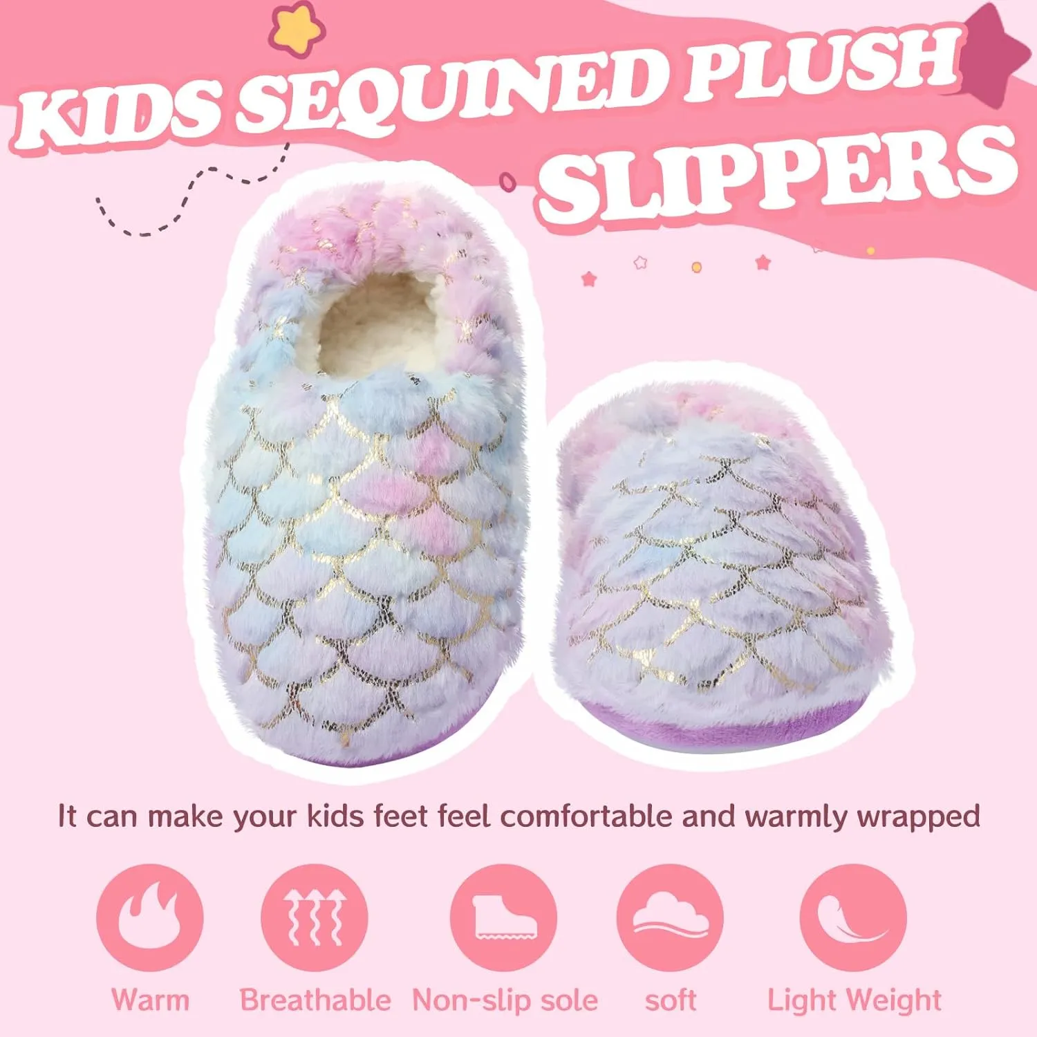 Girls Mermaid Princess Glitter House Slippers No-Slip Memory Foam Slippers for Kids (Little Kid/Big Kid)