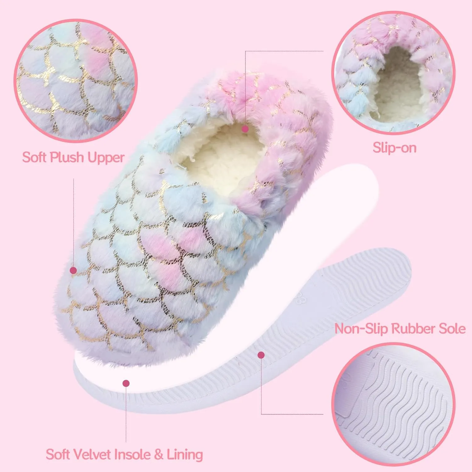 Girls Mermaid Princess Glitter House Slippers No-Slip Memory Foam Slippers for Kids (Little Kid/Big Kid)