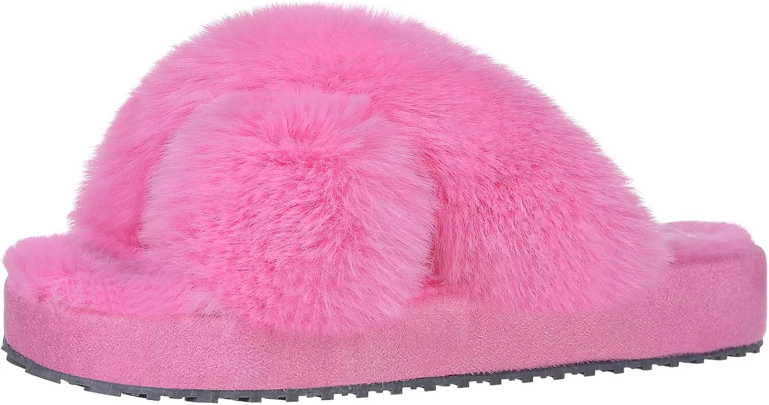 Girl's Soft Plush Lightweight House Slippers Non Slip Cross Band Slip on Open Toe Cozy Indoor Outdoor Slippers