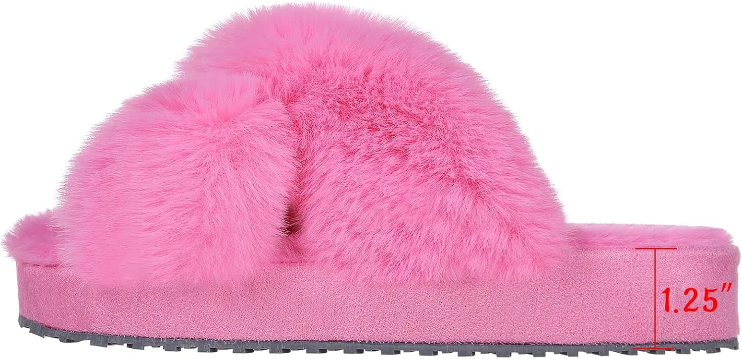 Girl's Soft Plush Lightweight House Slippers Non Slip Cross Band Slip on Open Toe Cozy Indoor Outdoor Slippers