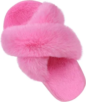 Girl's Soft Plush Lightweight House Slippers Non Slip Cross Band Slip on Open Toe Cozy Indoor Outdoor Slippers