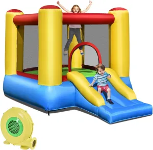 GLACER Bounce House, Inflatable Jumper with Slide, Basketball Rim, Bouncing Area, Carry Bag, Repair Kit, Indoor Outdoor Blow Up Play Center Bouncy House for Backyard, Party (with 480W Blower)