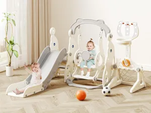Glaf 6 in 1 Toddler Slide and Swing Set Kids Slide for Toddlers 1-3 Outdoor Playset Indoor Playground Baby Climber Toys with Basketball Hoop (Grey with Goal)