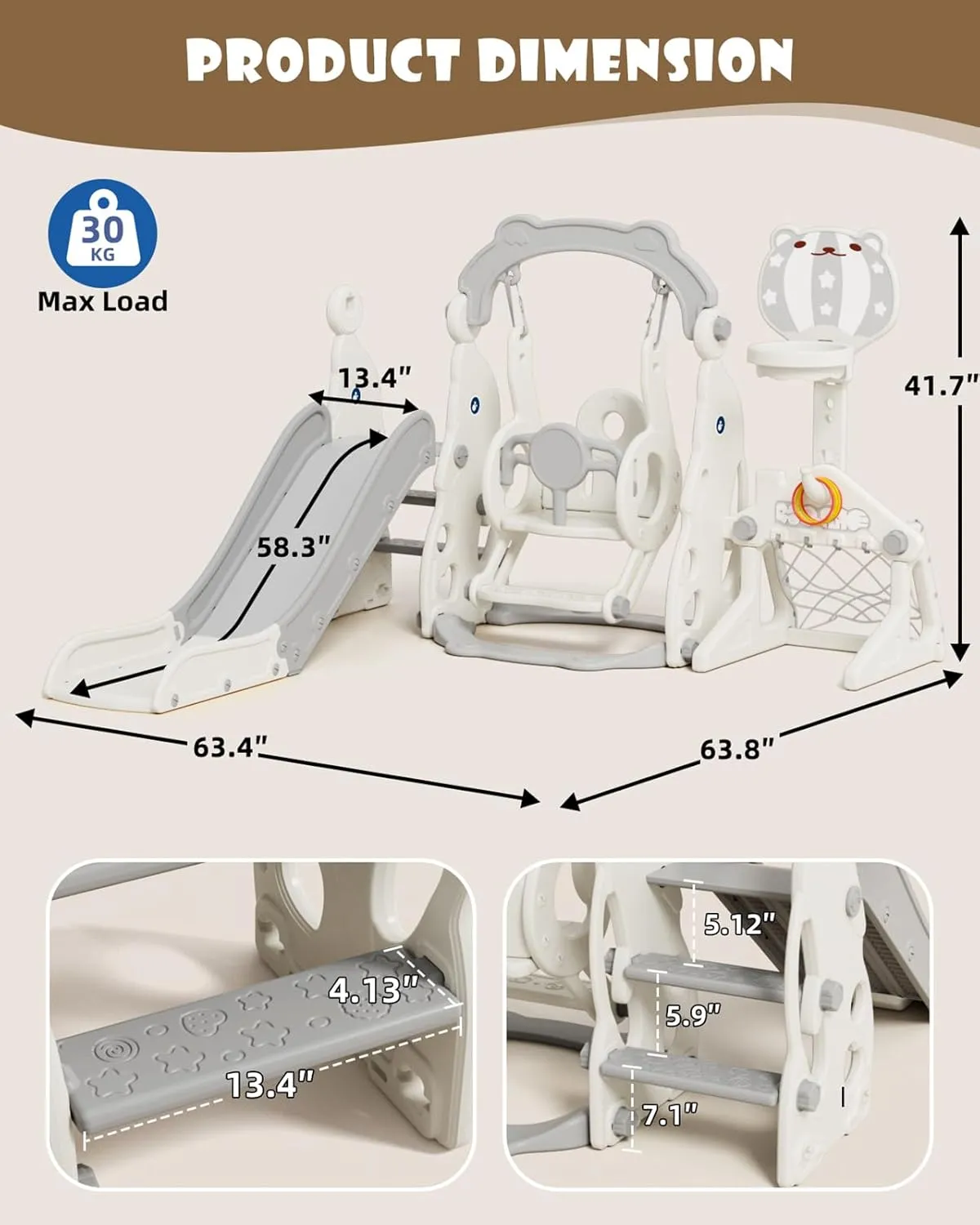 Glaf 6 in 1 Toddler Slide and Swing Set Kids Slide for Toddlers 1-3 Outdoor Playset Indoor Playground Baby Climber Toys with Basketball Hoop (Grey with Goal)