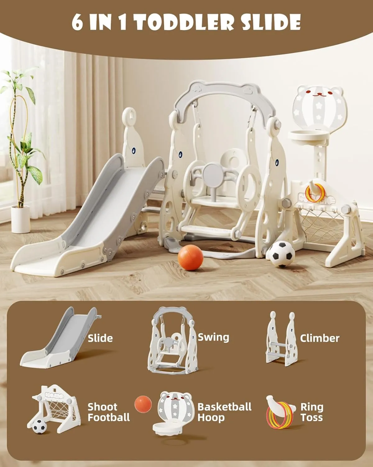 Glaf 6 in 1 Toddler Slide and Swing Set Kids Slide for Toddlers 1-3 Outdoor Playset Indoor Playground Baby Climber Toys with Basketball Hoop (Grey with Goal)