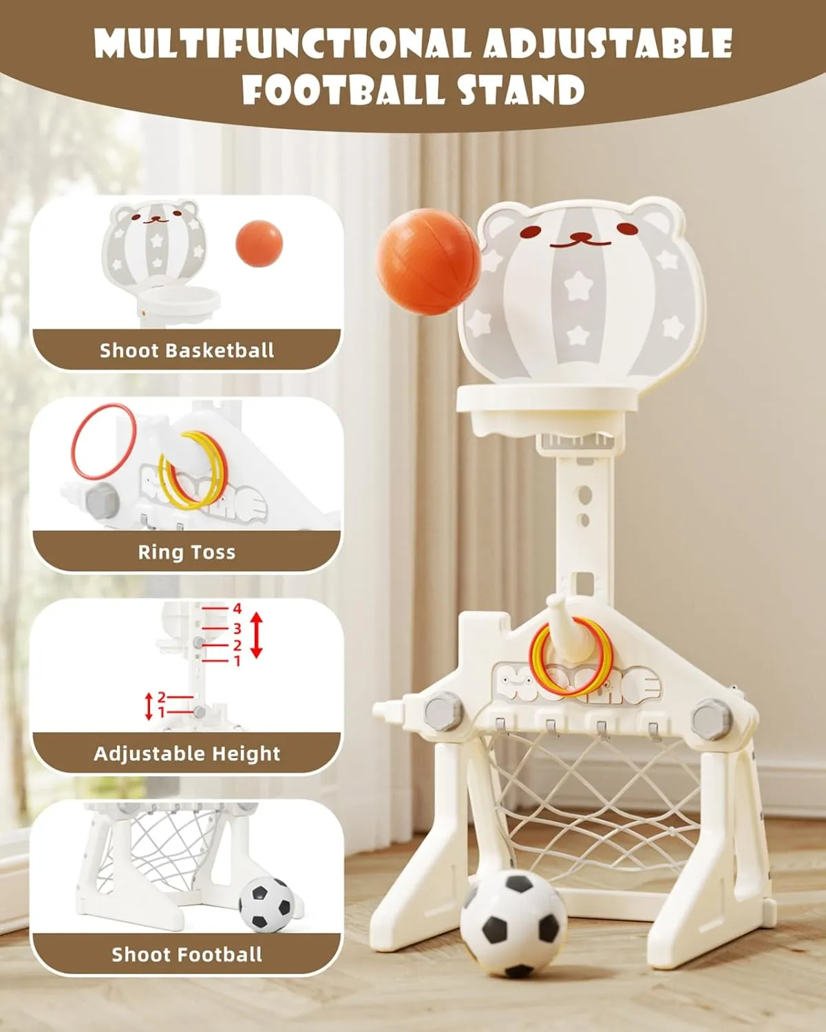 Glaf 6 in 1 Toddler Slide and Swing Set Kids Slide for Toddlers 1-3 Outdoor Playset Indoor Playground Baby Climber Toys with Basketball Hoop (Grey with Goal)