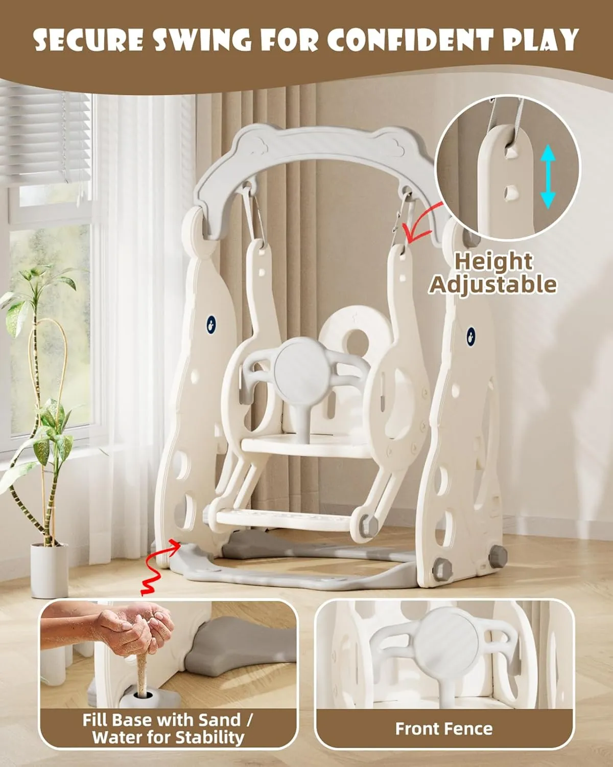 Glaf 6 in 1 Toddler Slide and Swing Set Kids Slide for Toddlers 1-3 Outdoor Playset Indoor Playground Baby Climber Toys with Basketball Hoop (Grey with Goal)