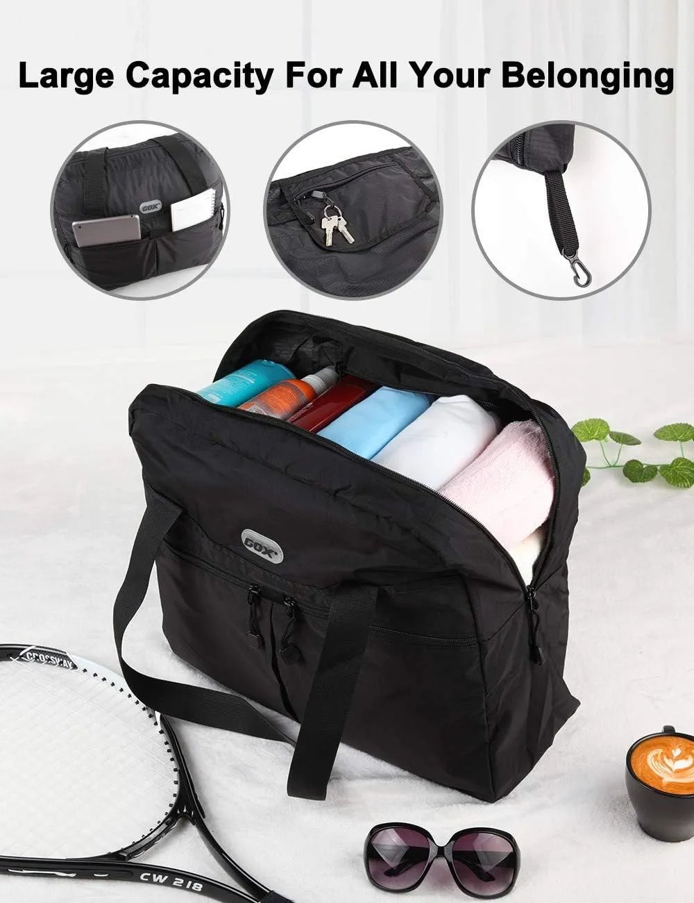 GOX Large Foldable Travel Duffel Bag Packable Tote Bag Reusable Shopping Bag Portable Grocery Bag(Black)