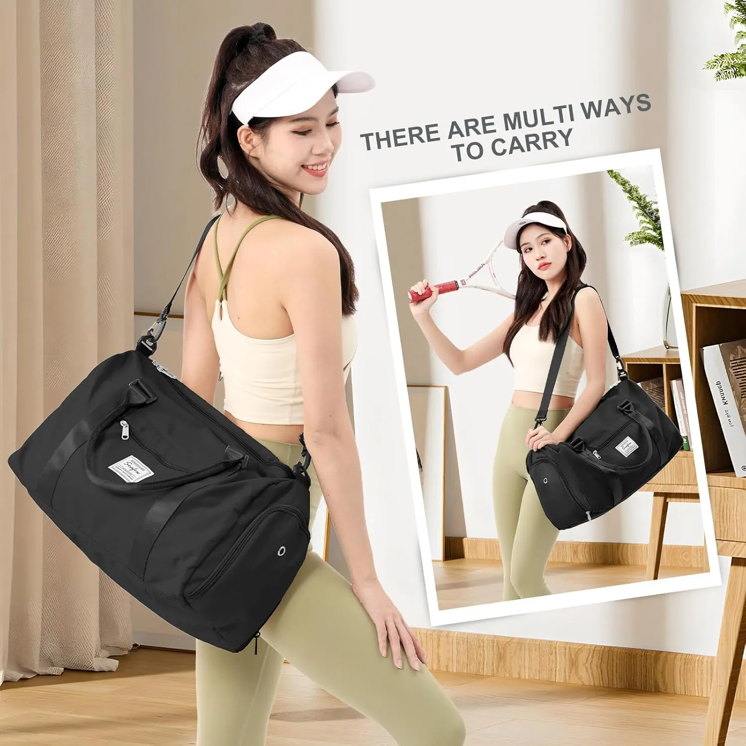 Gym Bag for Women Men with Shoes Compartment Sports Duffle Bag Personal item travel Duffel Bags Small Carry on Weekender Overnight Tote Bags Workout Dance Bag Hospital Holdalls Black