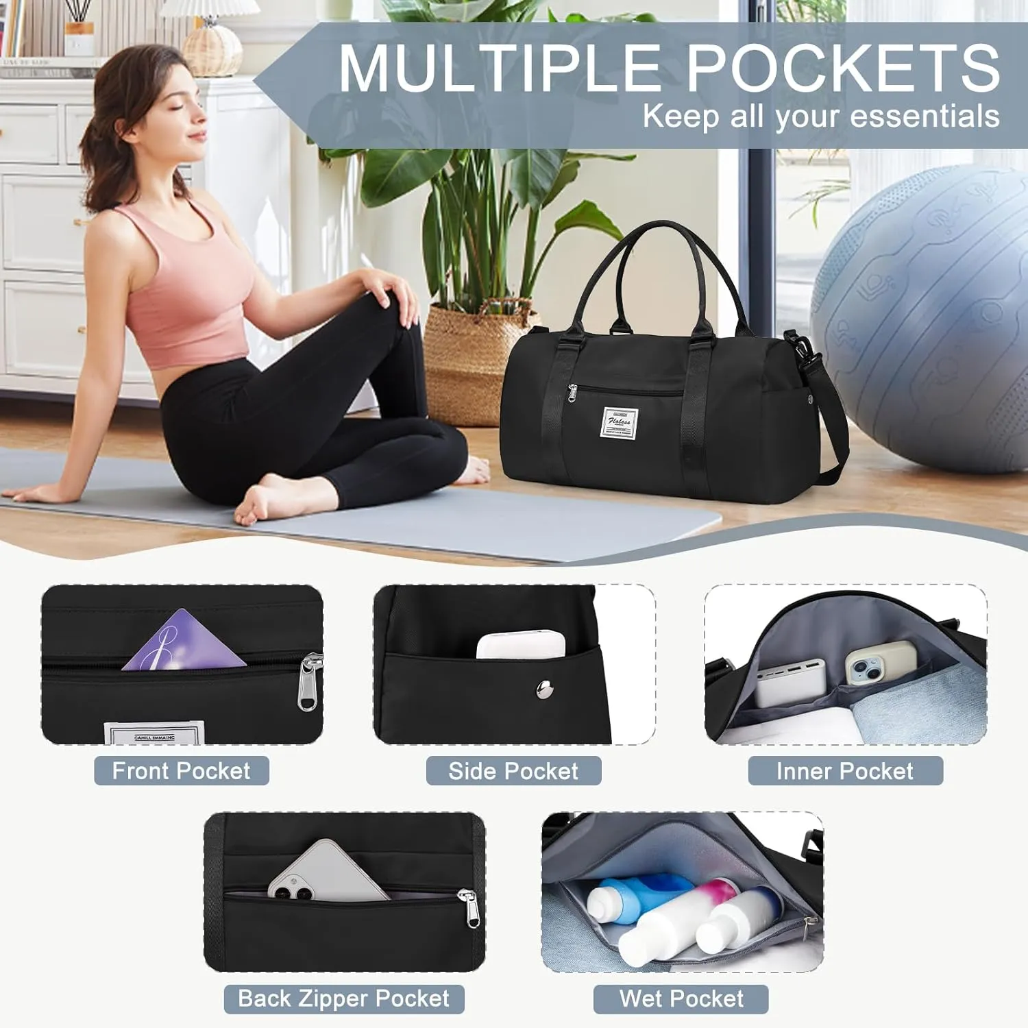 Gym Bag for Women Men with Shoes Compartment Sports Duffle Bag Personal item travel Duffel Bags Small Carry on Weekender Overnight Tote Bags Workout Dance Bag Hospital Holdalls Black