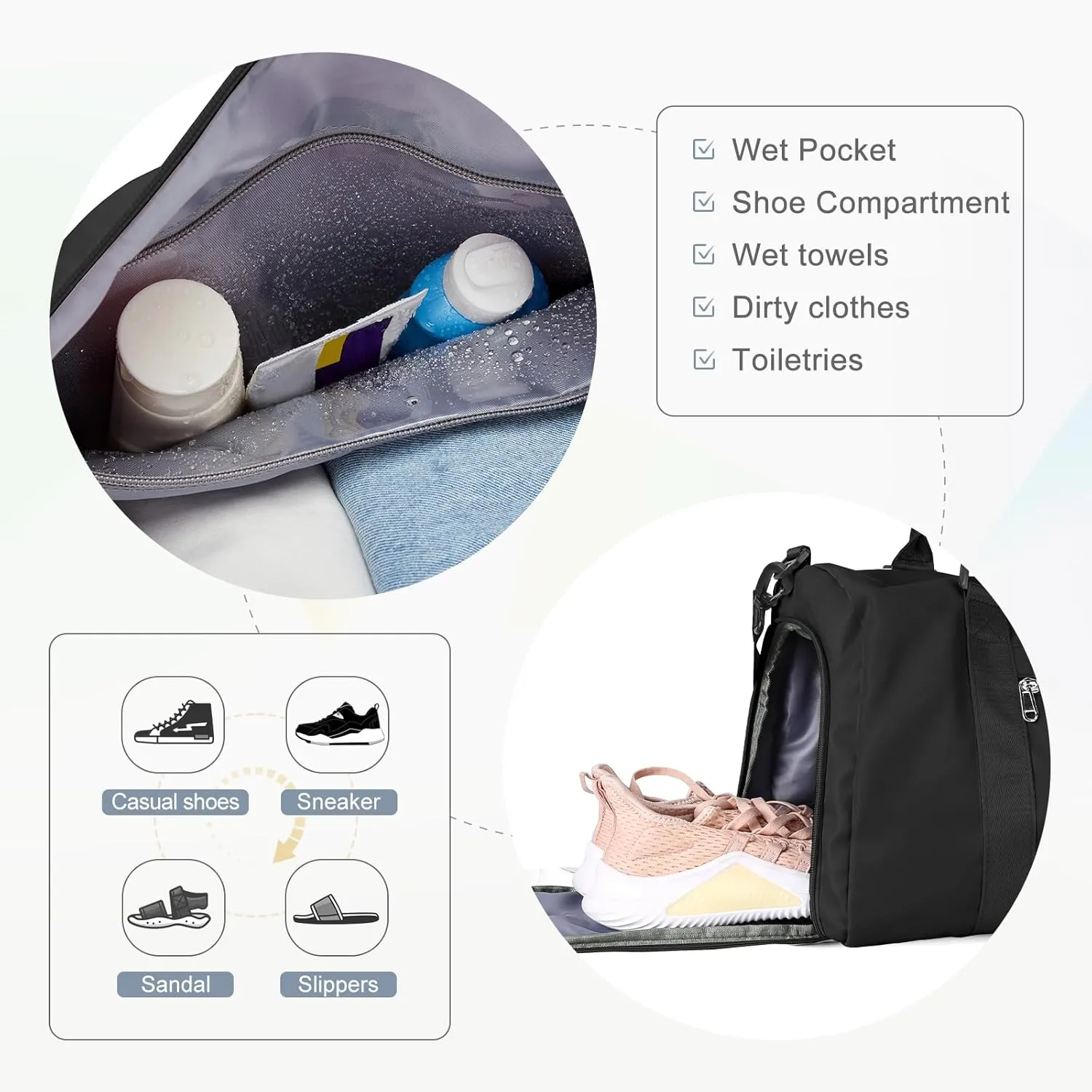 Gym Bag for Women Men with Shoes Compartment Sports Duffle Bag Personal item travel Duffel Bags Small Carry on Weekender Overnight Tote Bags Workout Dance Bag Hospital Holdalls Black
