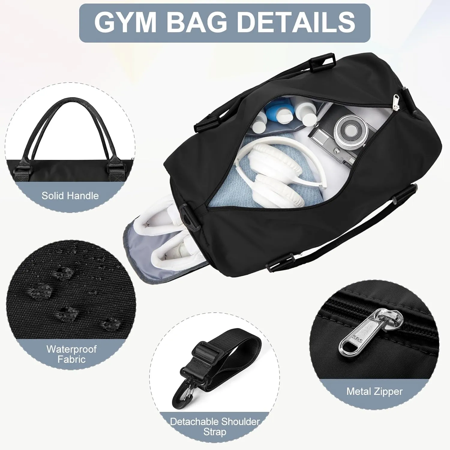 Gym Bag for Women Men with Shoes Compartment Sports Duffle Bag Personal item travel Duffel Bags Small Carry on Weekender Overnight Tote Bags Workout Dance Bag Hospital Holdalls Black