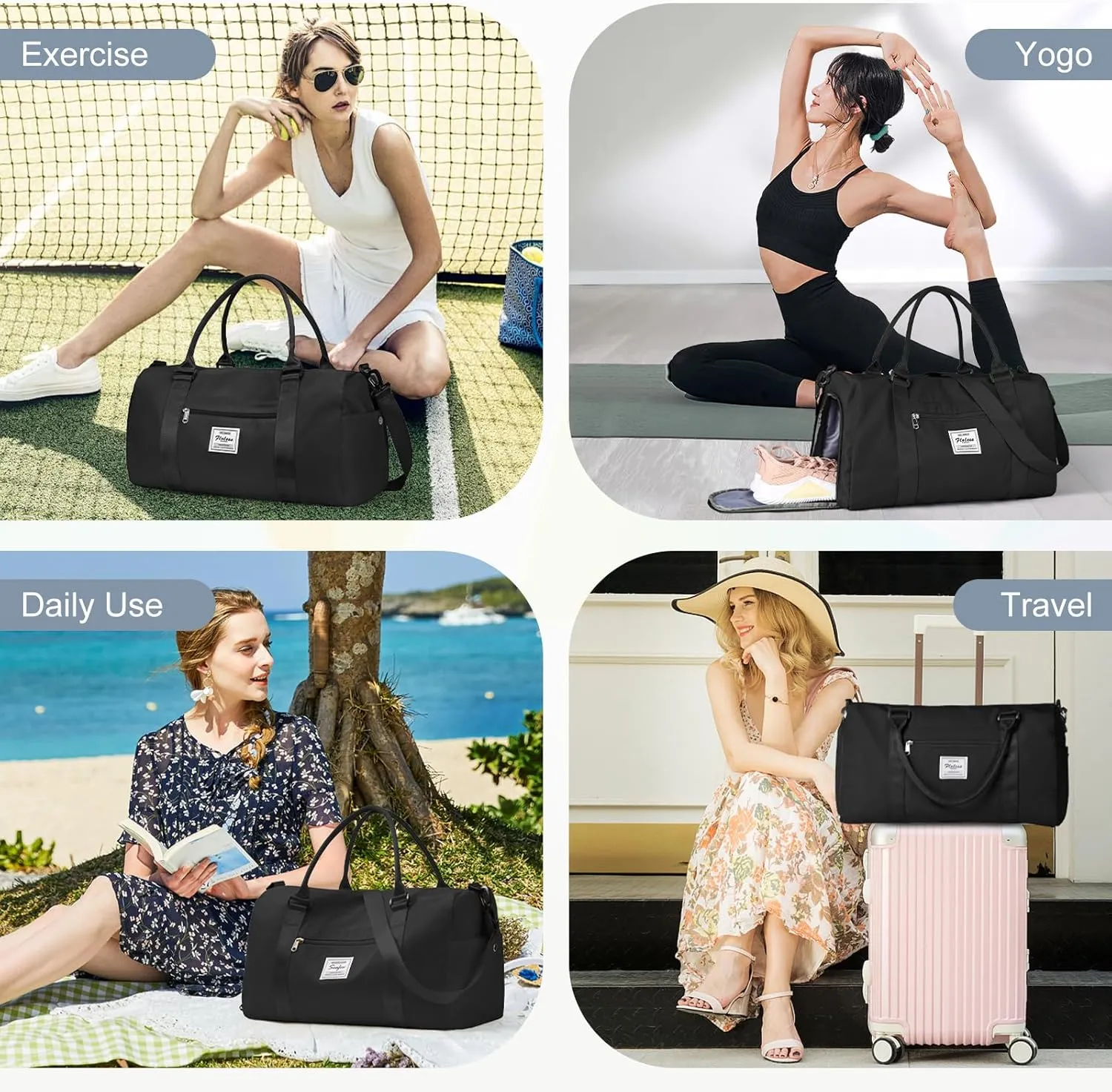 Gym Bag for Women Men with Shoes Compartment Sports Duffle Bag Personal item travel Duffel Bags Small Carry on Weekender Overnight Tote Bags Workout Dance Bag Hospital Holdalls Black