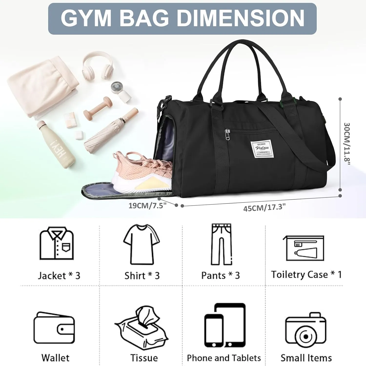 Gym Bag for Women Men with Shoes Compartment Sports Duffle Bag Personal item travel Duffel Bags Small Carry on Weekender Overnight Tote Bags Workout Dance Bag Hospital Holdalls Black