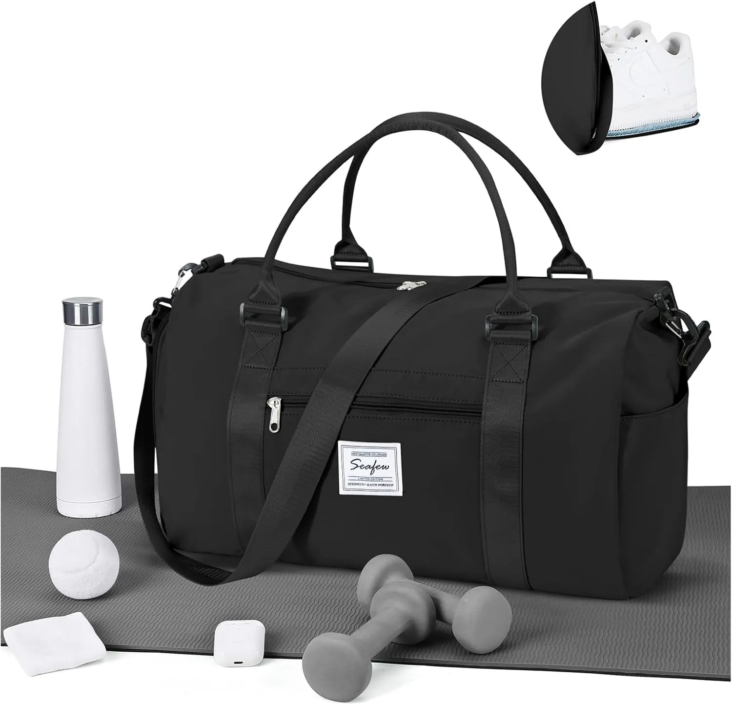 Gym Bag for Women Men with Shoes Compartment Sports Duffle Bag Personal item travel Duffel Bags Small Carry on Weekender Overnight Tote Bags Workout Dance Bag Hospital Holdalls Black