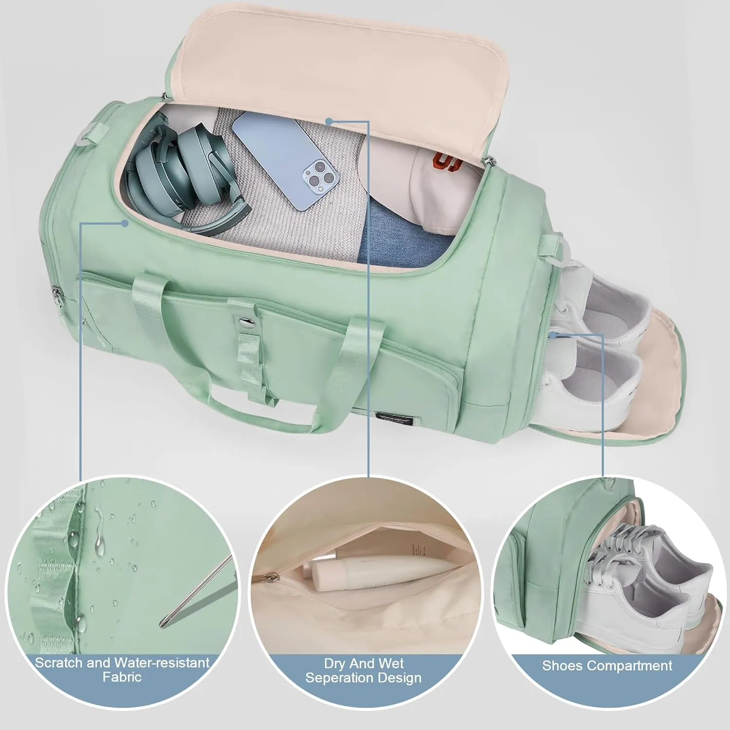 Gym Bag for Women with Shoe Compartment, 25L Right Capacity, Green