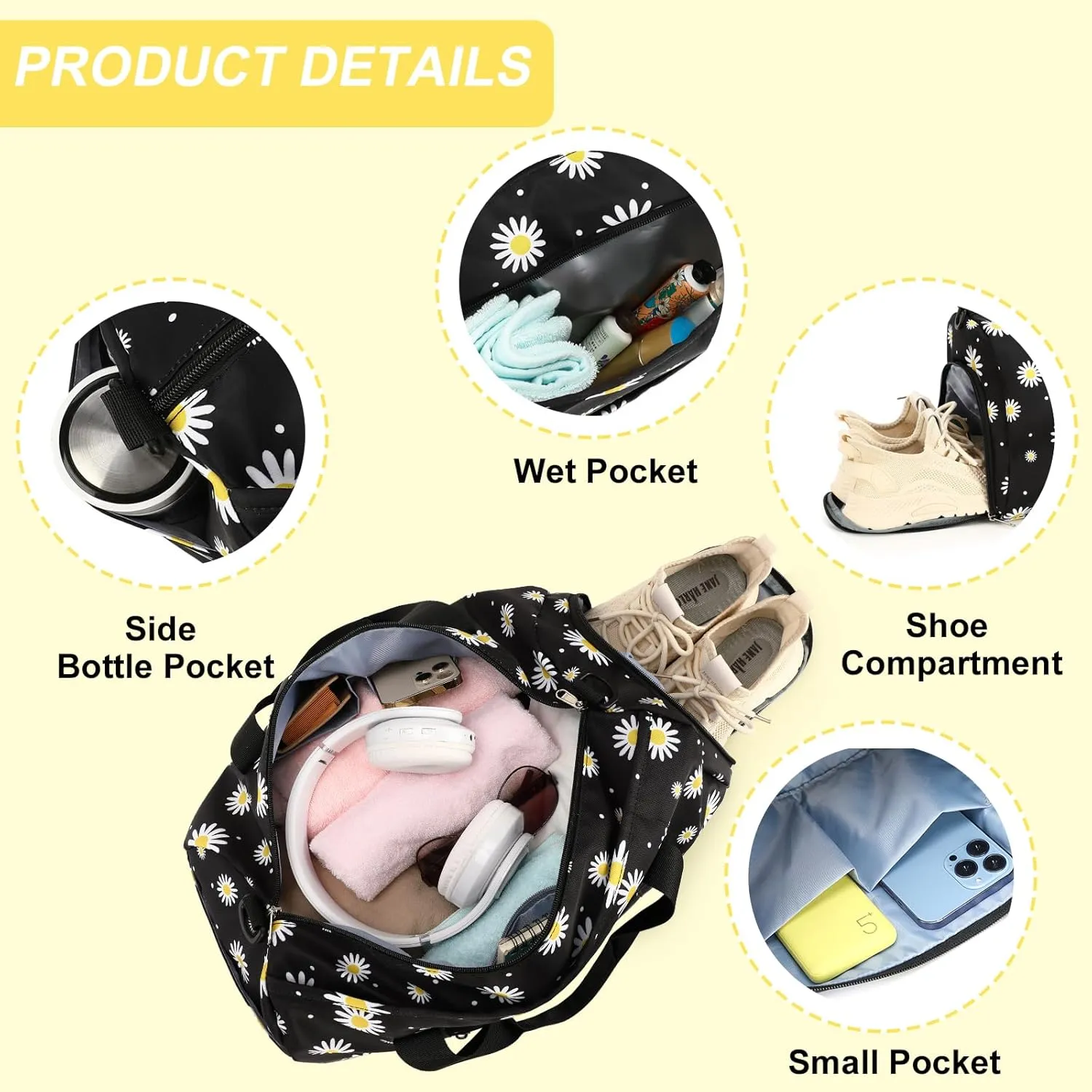 Gym Bag Sports Duffle Bag with Wet Pocket Weekender Overnight Bag with Waterproof Shoe Pouch and Air Hole for Girls Kids Women Travel Foldable Bag