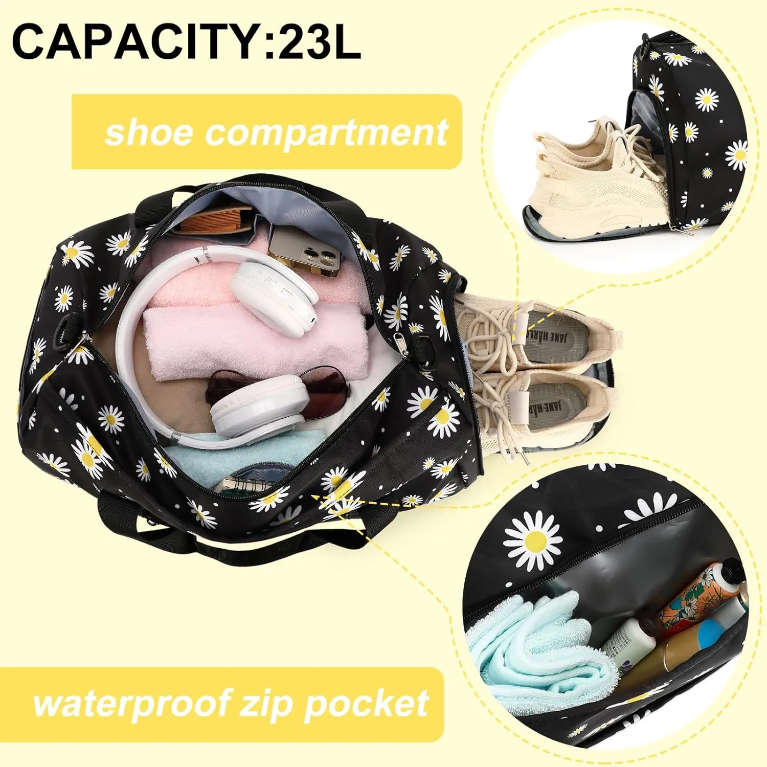 Gym Bag Sports Duffle Bag with Wet Pocket Weekender Overnight Bag with Waterproof Shoe Pouch and Air Hole for Girls Kids Women Travel Foldable Bag