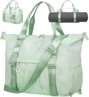 Gym Bag with Yoga Mat Holders, Carry On for Pilates Women & Men with Laptop & Shoe Compartment Large Duffle Travel Weekender Tote with Key Ring Clip Personal Item Workout, Easy to Clean - Green