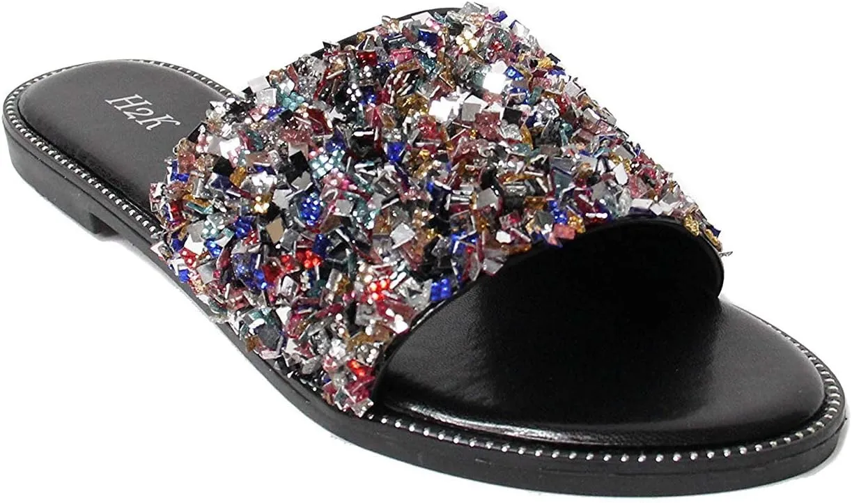 H2K Womens Glitter Bling Fancy Slide Flat Low Wedge Sparkle Sandals Shoes Dream