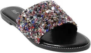 H2K Womens Glitter Bling Fancy Slide Flat Low Wedge Sparkle Sandals Shoes Dream