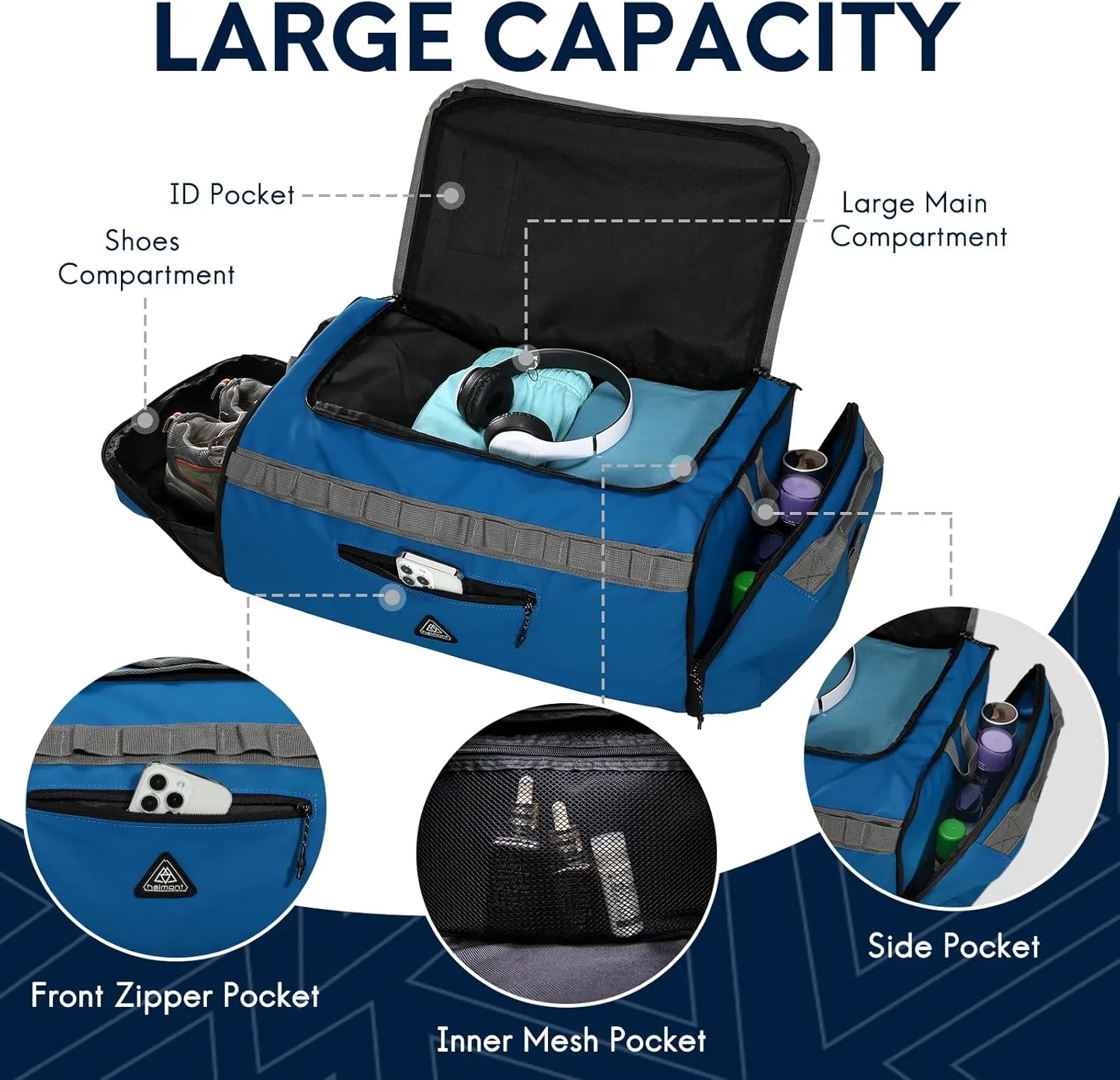 Haimont Collapsible Duffel Bag Backpack 50L for Travel Gym Hiking Camping Sports Outdoor Water Repellent Duffel Bag with Backpack Straps, Navy