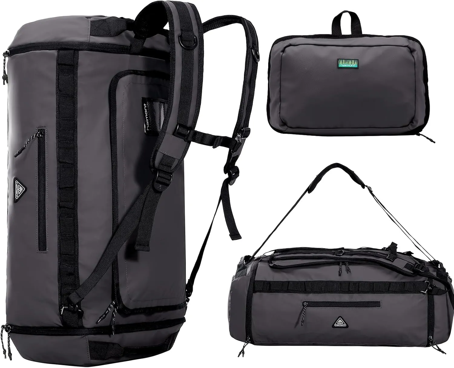 Haimont Duffel Backpack Bag 50L Water Repellent Sports Gym Bag Foldable Men Women with Shoe Compartment for Travel Hiking Camping Outdoor, Upgrade, Dark Grey