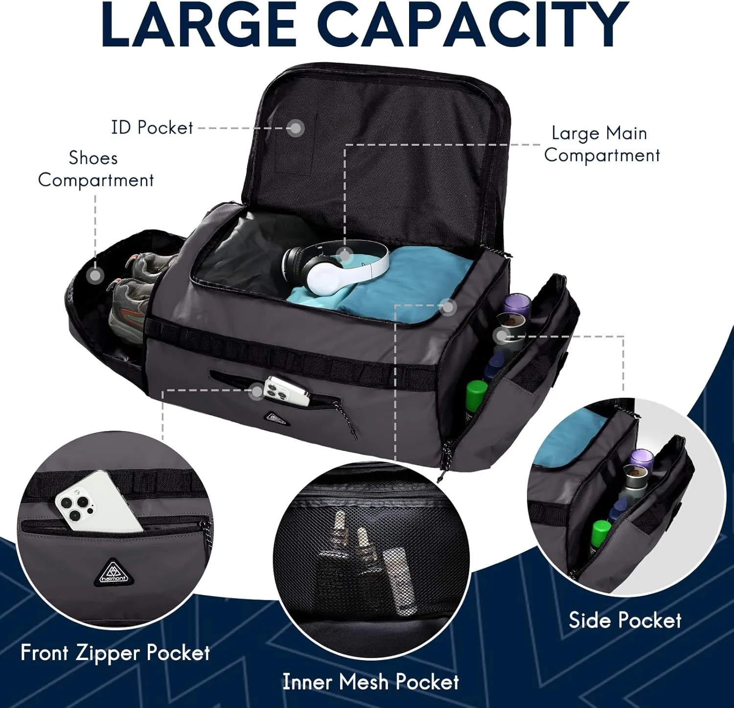 Haimont Duffel Backpack Bag 50L Water Repellent Sports Gym Bag Foldable Men Women with Shoe Compartment for Travel Hiking Camping Outdoor, Upgrade, Dark Grey