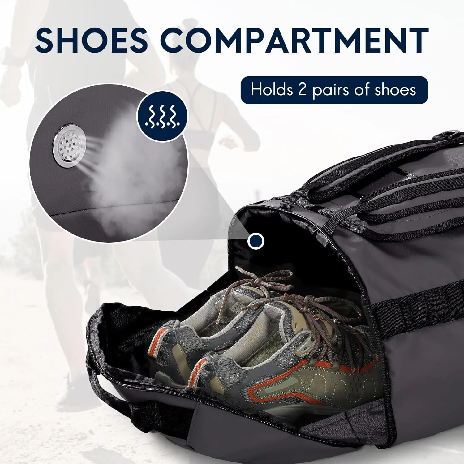 Haimont Duffel Backpack Bag 50L Water Repellent Sports Gym Bag Foldable Men Women with Shoe Compartment for Travel Hiking Camping Outdoor, Upgrade, Dark Grey