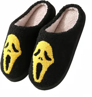 Halloween Slippers for Women Retro Soft Cozy Comfy Plush Lightweight Ghost Face Slip-on Indoor Outdoor Scream Slip on Anti-Skid Sole Christmas House Shoes
