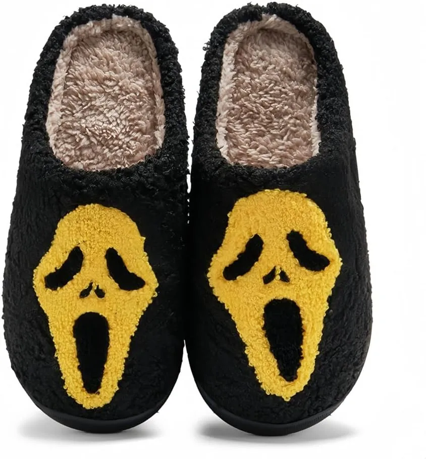 Halloween Slippers for Women Retro Soft Cozy Comfy Plush Lightweight Ghost Face Slip-on Indoor Outdoor Scream Slip on Anti-Skid Sole Christmas House Shoes