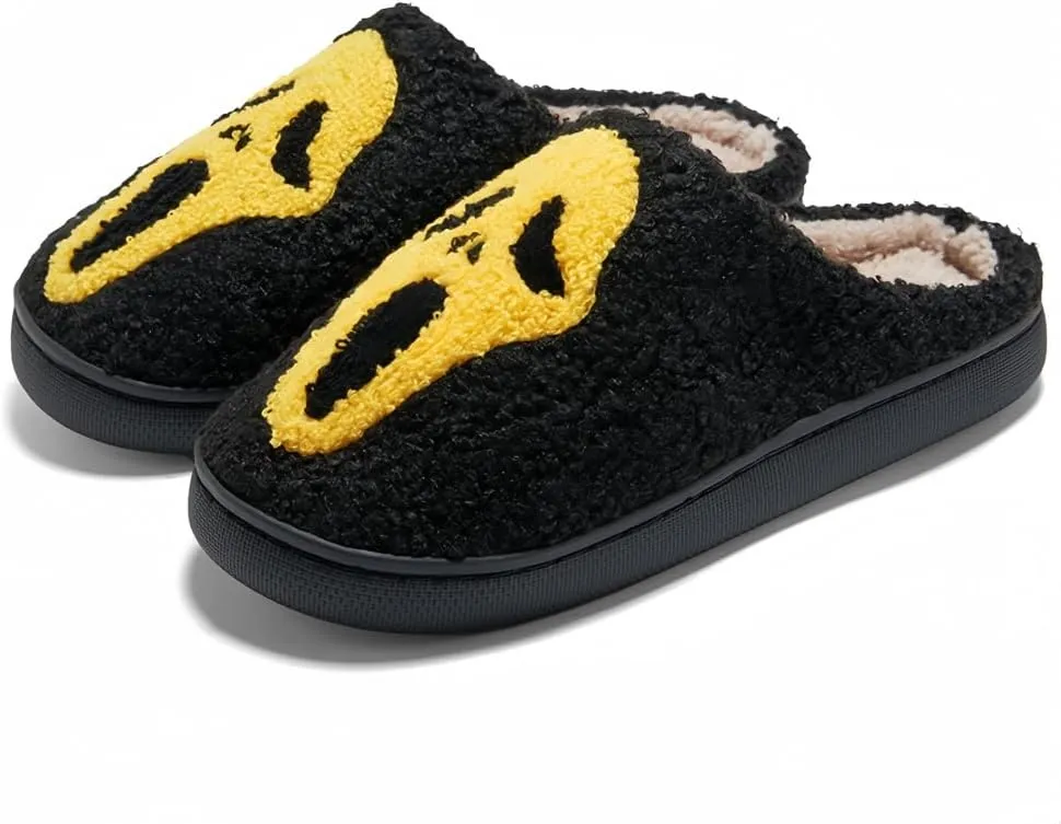 Halloween Slippers for Women Retro Soft Cozy Comfy Plush Lightweight Ghost Face Slip-on Indoor Outdoor Scream Slip on Anti-Skid Sole Christmas House Shoes