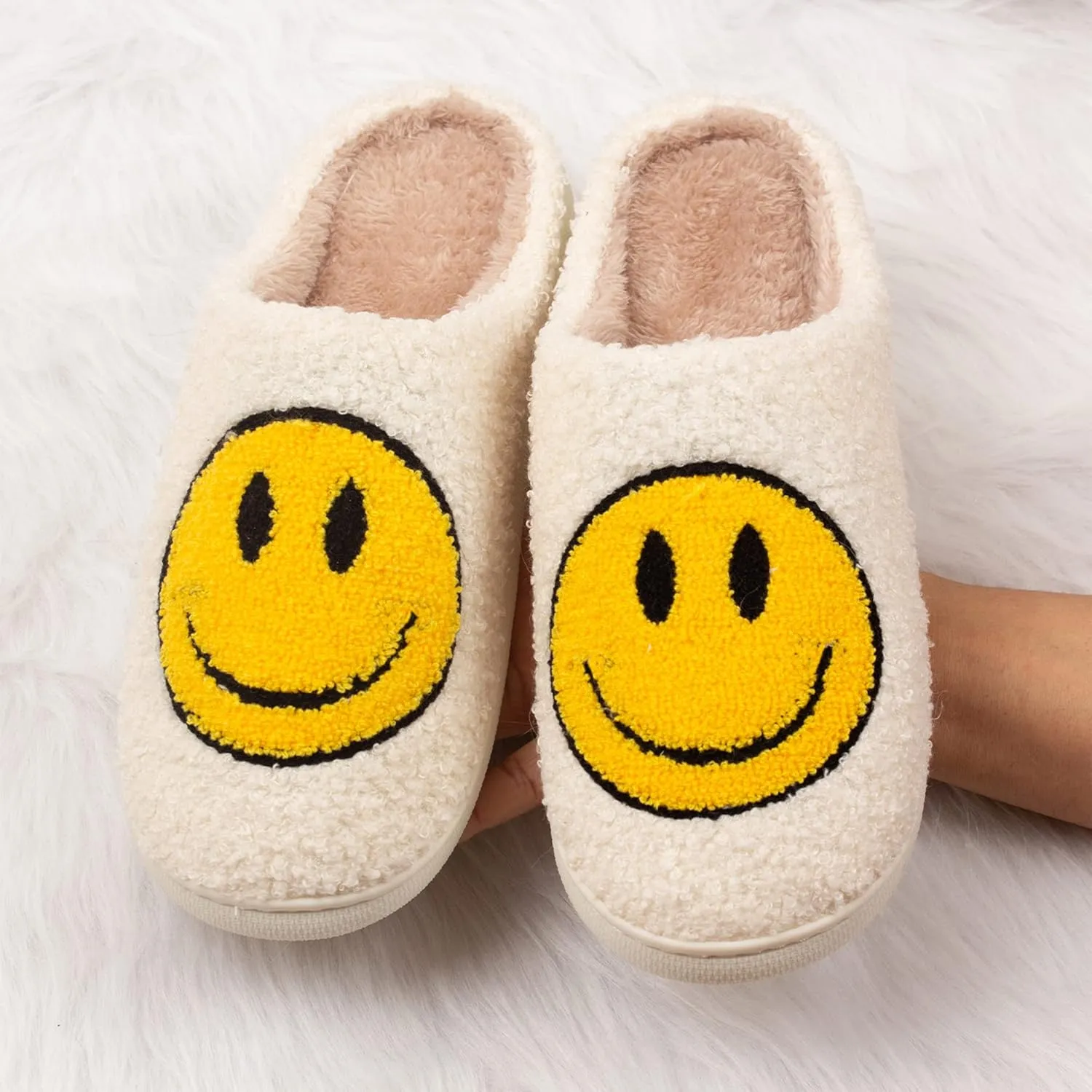 Happy Face Slippers Retro Cozy Comfy Plush Warm Slip-on Slippers Winter Soft Fuzzy Indoor House Shoes with Memory Foam for Men Women…