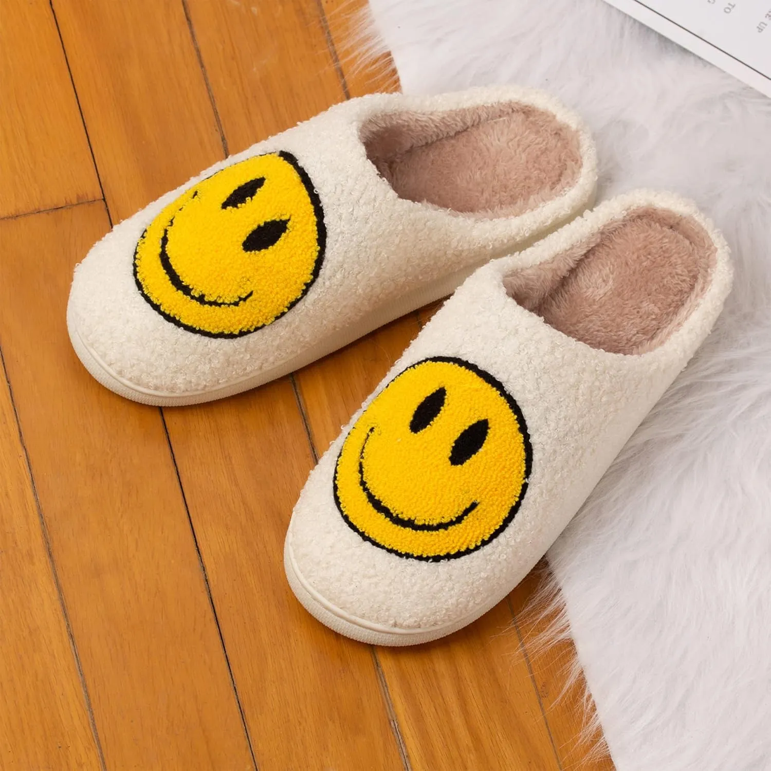 Happy Face Slippers Retro Cozy Comfy Plush Warm Slip-on Slippers Winter Soft Fuzzy Indoor House Shoes with Memory Foam for Men Women…
