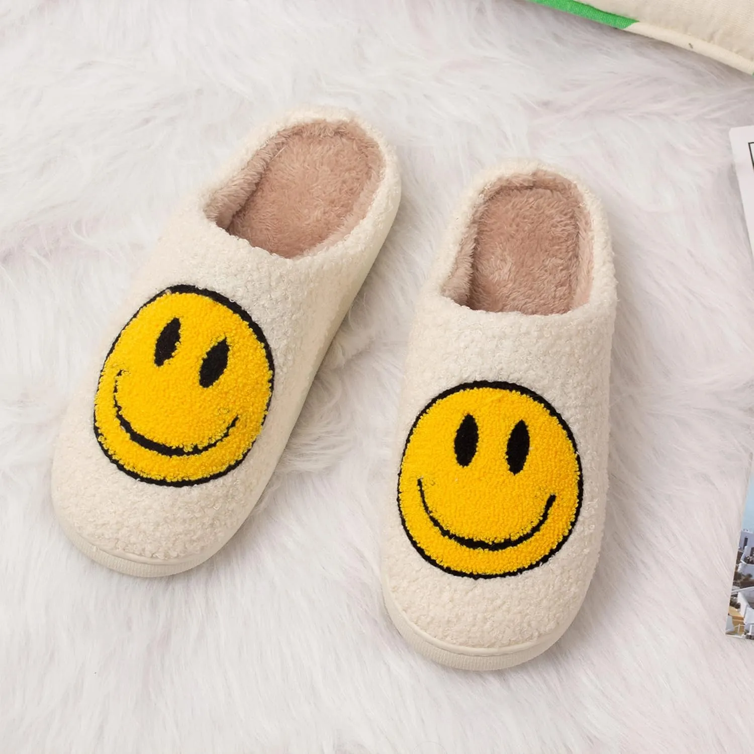 Happy Face Slippers Retro Cozy Comfy Plush Warm Slip-on Slippers Winter Soft Fuzzy Indoor House Shoes with Memory Foam for Men Women…