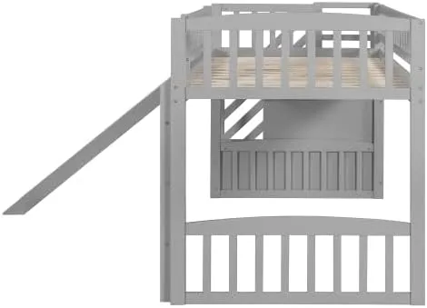 Harper & Bright Designs Kids Loft Bed with Slide and Storage Stairs, Twin Size Wooden Loft Bed with Built-in Ladder, Grey