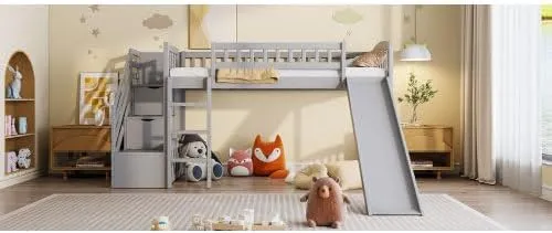 Harper & Bright Designs Kids Loft Bed with Slide and Storage Stairs, Twin Size Wooden Loft Bed with Built-in Ladder, Grey