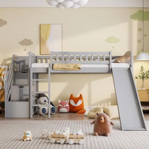 Harper & Bright Designs Kids Loft Bed with Slide and Storage Stairs, Twin Size Wooden Loft Bed with Built-in Ladder, Grey