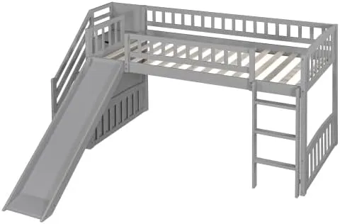 Harper & Bright Designs Kids Loft Bed with Slide and Storage Stairs, Twin Size Wooden Loft Bed with Built-in Ladder, Grey