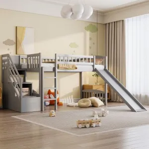 Harper & Bright Designs Kids Loft Bed with Slide and Storage Stairs, Twin Size Wooden Loft Bed with Built-in Ladder, Grey