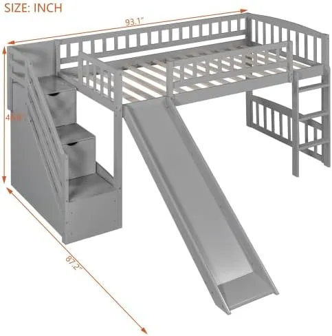 Harper & Bright Designs Kids Loft Bed with Slide and Storage Stairs, Twin Size Wooden Loft Bed with Built-in Ladder, Grey