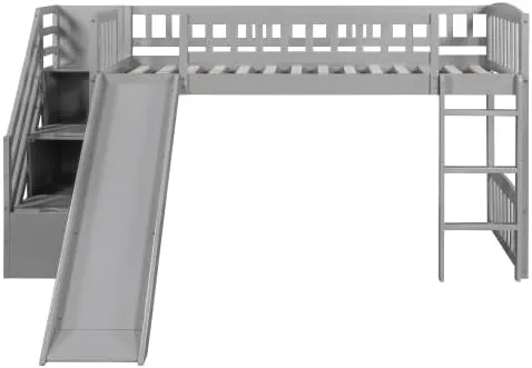 Harper & Bright Designs Kids Loft Bed with Slide and Storage Stairs, Twin Size Wooden Loft Bed with Built-in Ladder, Grey
