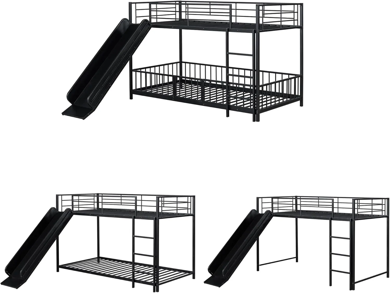 Harper & Bright Designs Metal Bunk Beds Twin Over Twin with Slide for Kids, Heavy Duty Low Bunk Beds with Safety Guardrail, Small Door and Ladder for Girls Boys, No Box Spring Required,Black