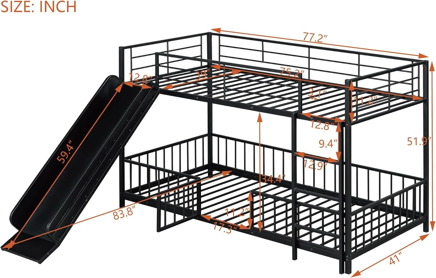 Harper & Bright Designs Metal Bunk Beds Twin Over Twin with Slide for Kids, Heavy Duty Low Bunk Beds with Safety Guardrail, Small Door and Ladder for Girls Boys, No Box Spring Required,Black