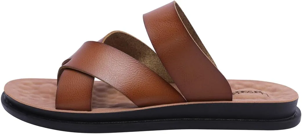 Harssidanzar Men's Sandals,Quick-Dry Flip-Flop Summer Slip On Cross Straps Slide Sandals Toe Ring Style Outdoor And Indoor KM221US