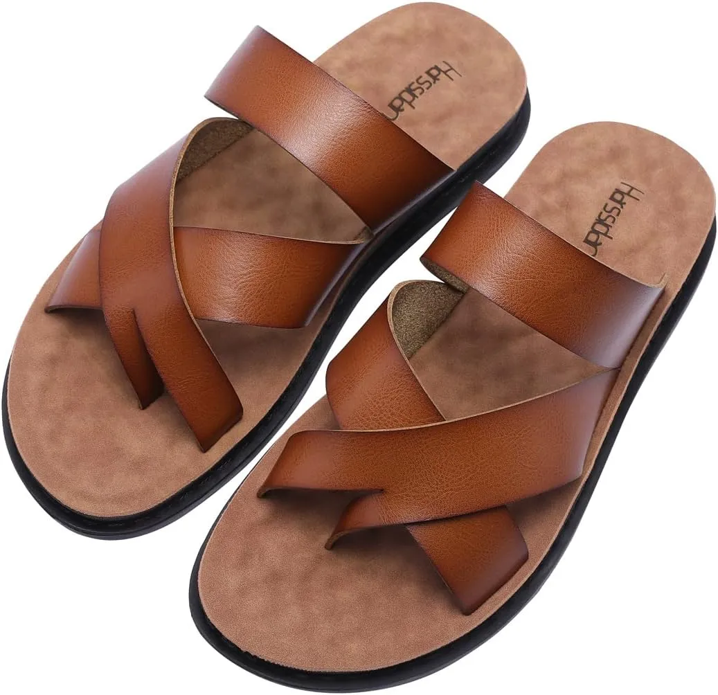 Harssidanzar Men's Sandals,Quick-Dry Flip-Flop Summer Slip On Cross Straps Slide Sandals Toe Ring Style Outdoor And Indoor KM221US