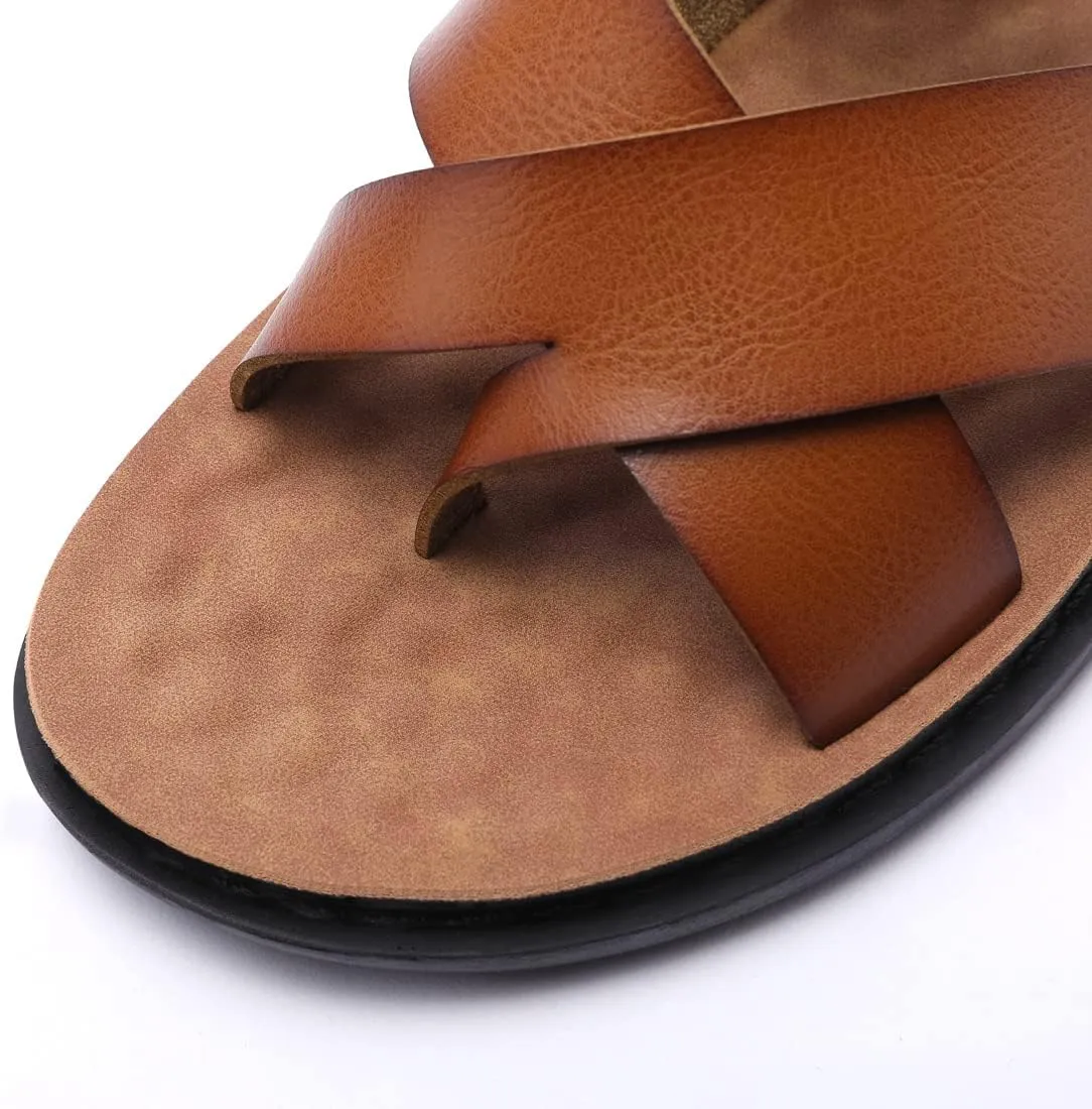Harssidanzar Men's Sandals,Quick-Dry Flip-Flop Summer Slip On Cross Straps Slide Sandals Toe Ring Style Outdoor And Indoor KM221US