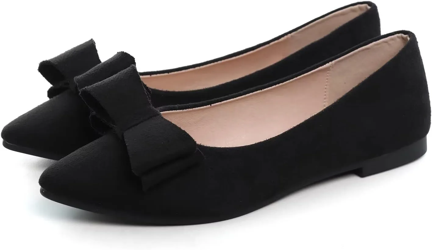 Hee grand Bow-Knot Ballet Flats Classic Pointed Toe Suede Dress Shoes Casual Comfort Slip-On Loafers Light Weight Walking Flats